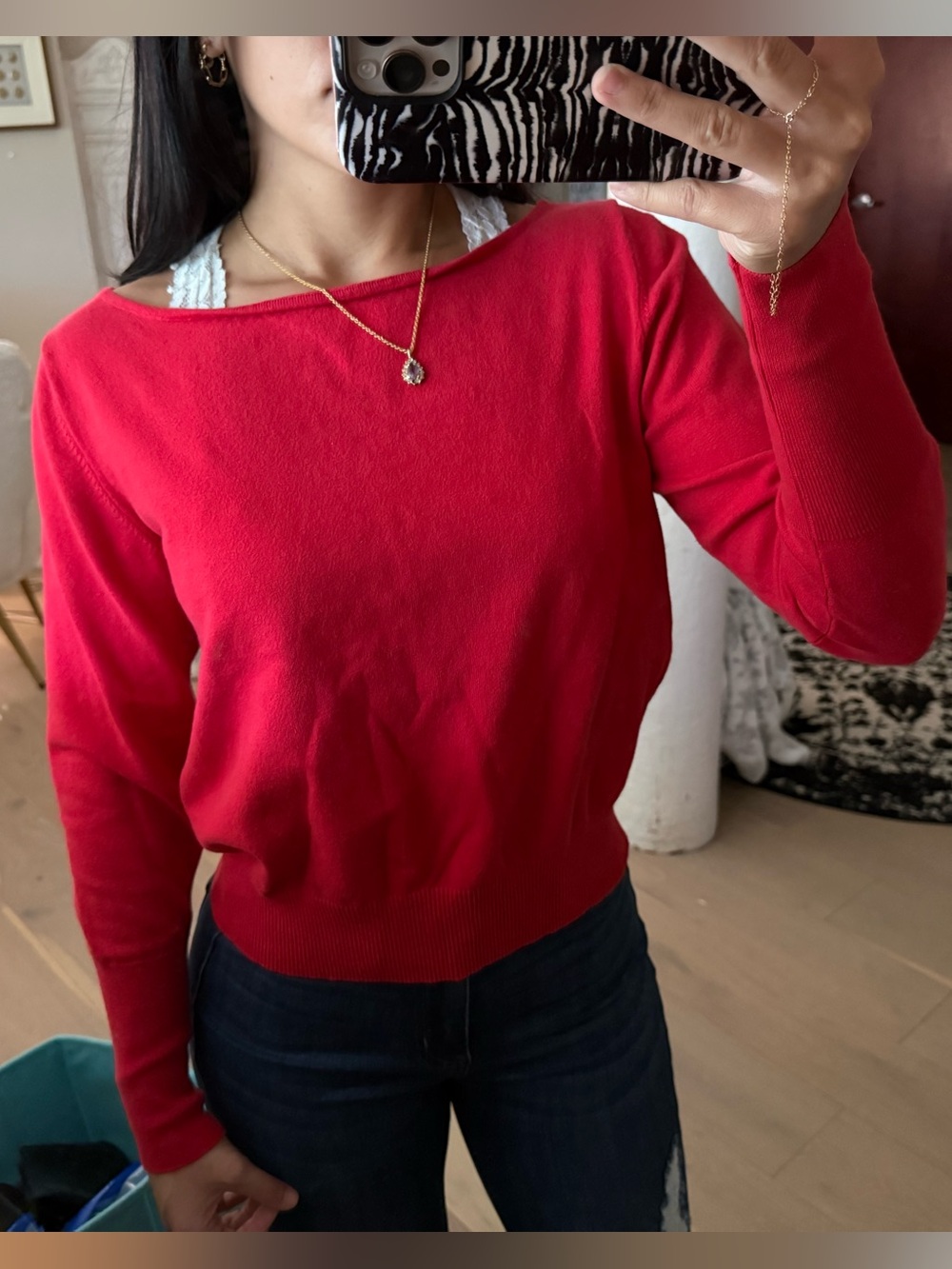 Calvin Klein Jeans Red Off-the-Shoulder Sweater